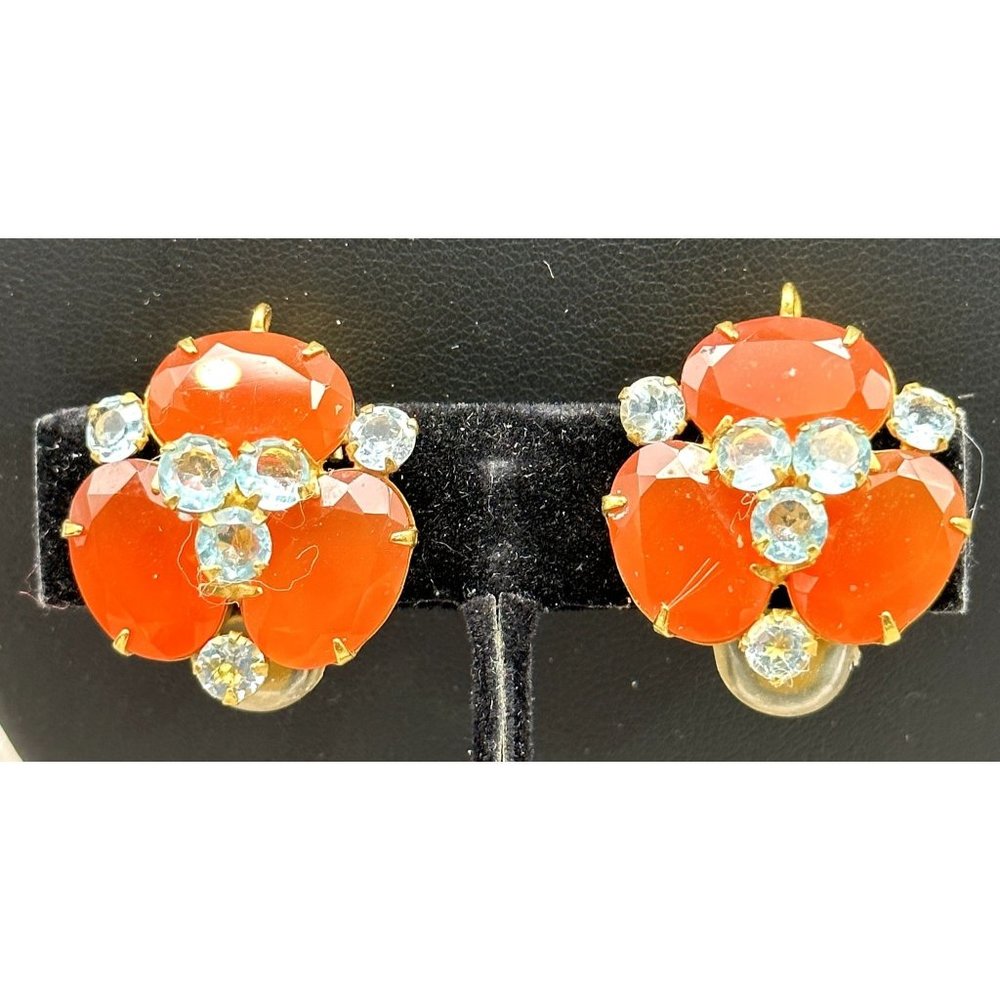 Bounkit Earrings Orange Stone Blue Topaz Clip Gold Tone Setting 1"